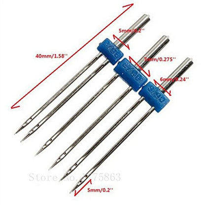 3 agulhas duplas tamanhos: 2mm, 3mm e 4mm, para máquinas domésticas.